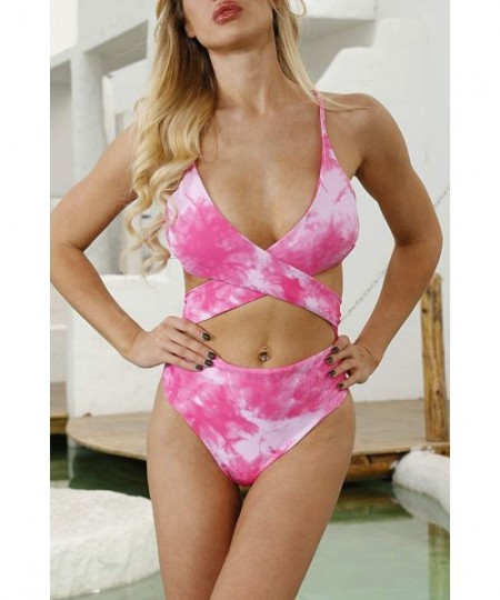 Sets Women's Sexy Criss Cross High Waisted Cut Out One Piece Monokini Swimsuit - Pink-tie Dye1 - CU194HQ5DST