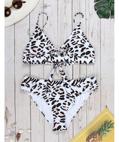 Sets Women's Cheetah Bikini Set High Cut Adjustable Tie Bathing Suit Cutout Two Piece Swimsuit Swimwear - Pink &White - C7190...