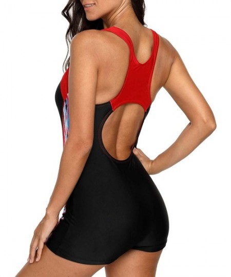 Racing Women's One Piece Swimsuits Boyleg Sports Swimwear - Red Black Printed - C018GDX5GAY