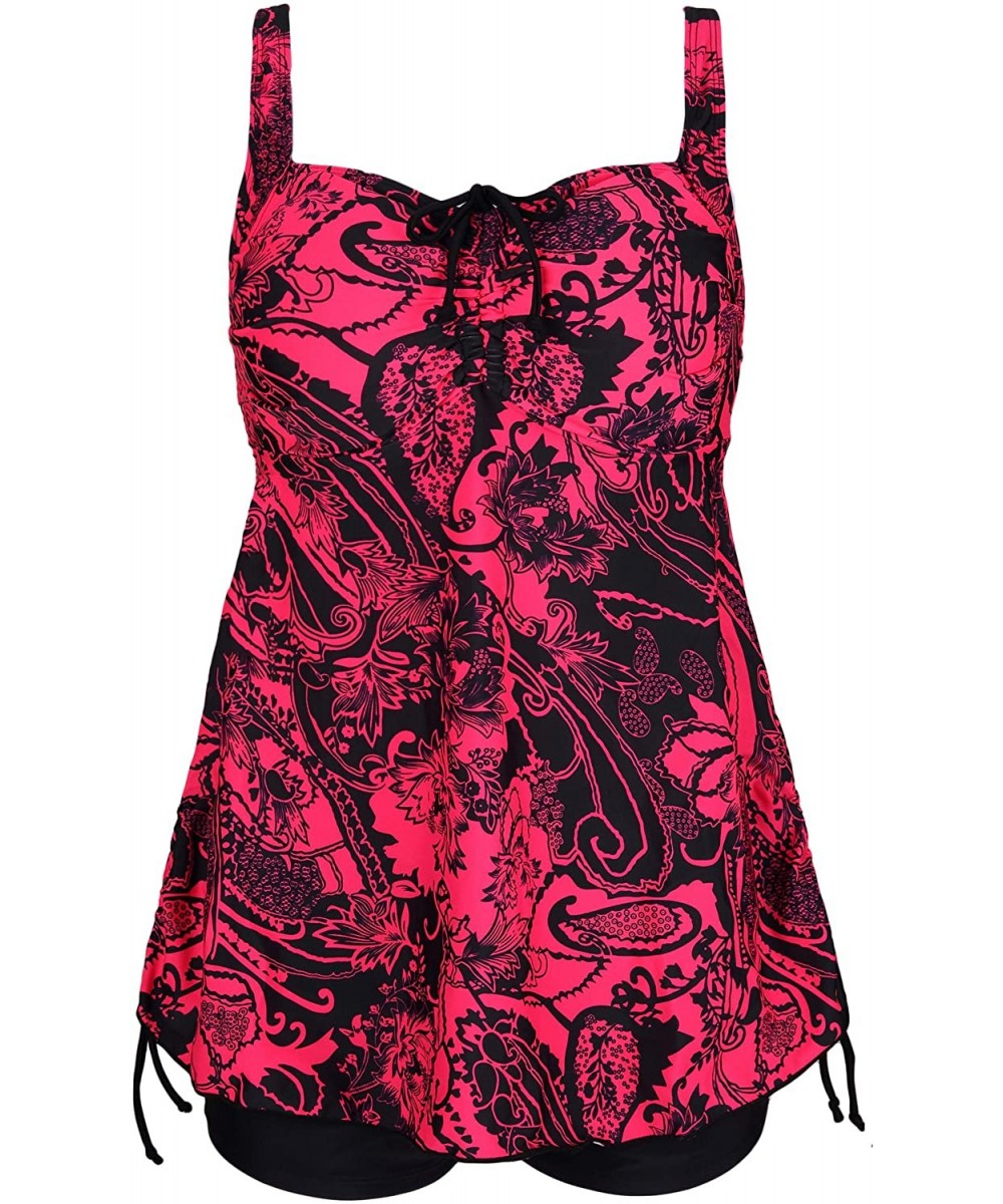 Sets Womens Plus Size Swimsuits Swimwear Bathing Suit Two Piece Tankini Floral Print - Red & Black - CO18DSMG084