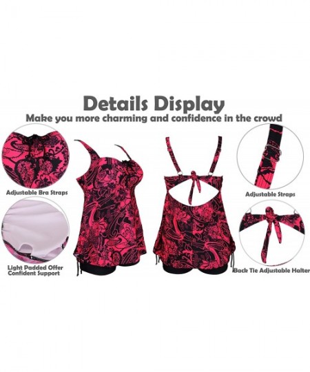 Sets Womens Plus Size Swimsuits Swimwear Bathing Suit Two Piece Tankini Floral Print - Red & Black - CO18DSMG084