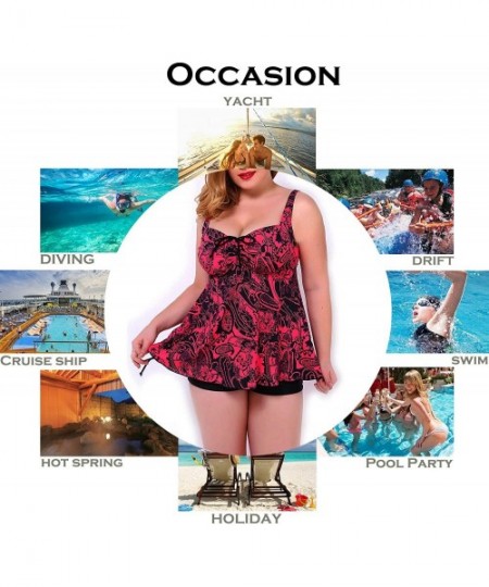 Sets Womens Plus Size Swimsuits Swimwear Bathing Suit Two Piece Tankini Floral Print - Red & Black - CO18DSMG084