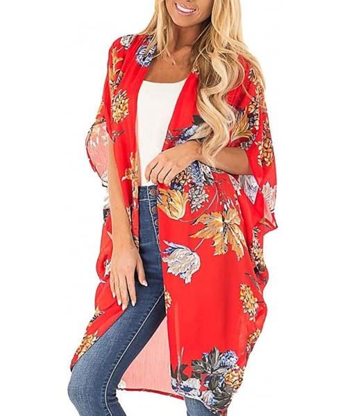 Cover-Ups Kimono for Women Womens Half Sleeve Chiffon Cardigans Tops Summer Shawl Beach Cover Up Blouse Swimsuit Smock Red - ...