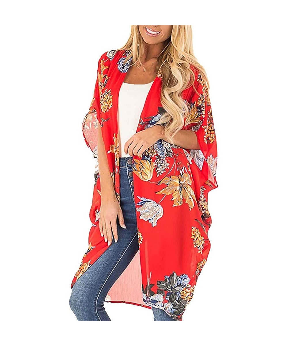 Cover-Ups Kimono for Women Womens Half Sleeve Chiffon Cardigans Tops Summer Shawl Beach Cover Up Blouse Swimsuit Smock Red - ...