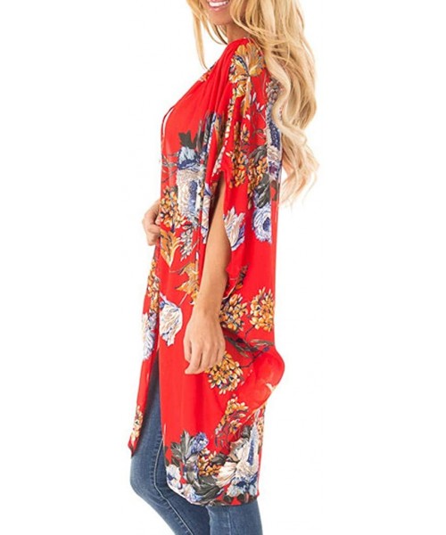 Cover-Ups Kimono for Women Womens Half Sleeve Chiffon Cardigans Tops Summer Shawl Beach Cover Up Blouse Swimsuit Smock Red - ...