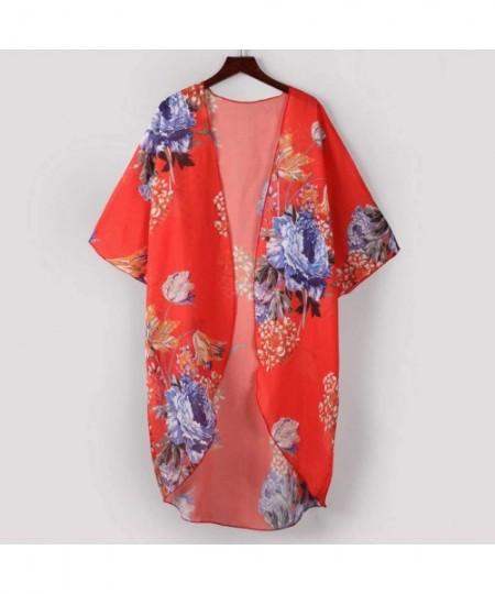 Cover-Ups Kimono for Women Womens Half Sleeve Chiffon Cardigans Tops Summer Shawl Beach Cover Up Blouse Swimsuit Smock Red - ...