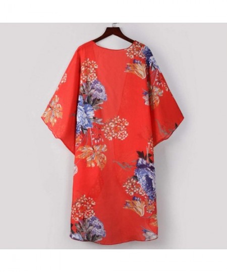 Cover-Ups Kimono for Women Womens Half Sleeve Chiffon Cardigans Tops Summer Shawl Beach Cover Up Blouse Swimsuit Smock Red - ...