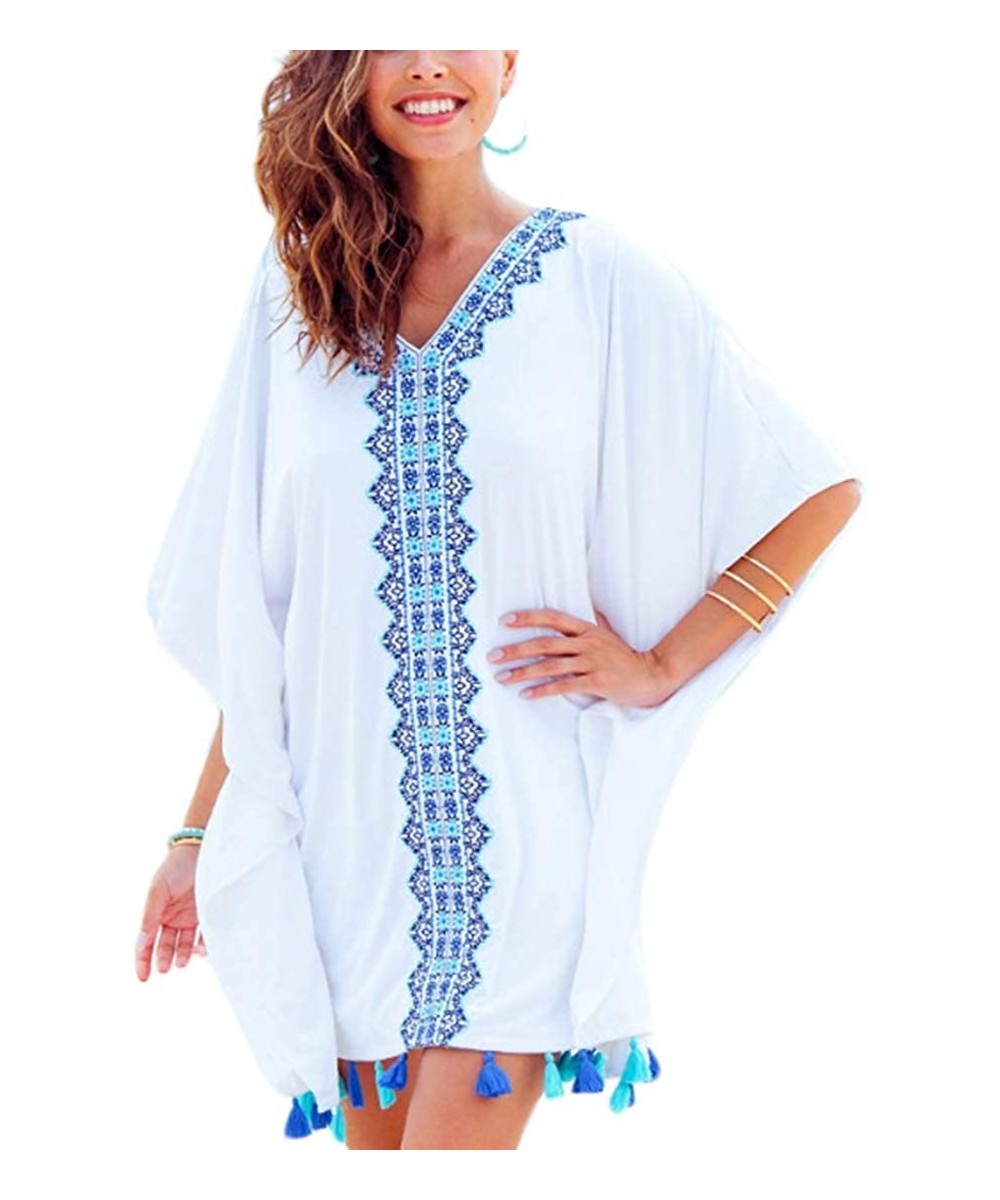 Cover-Ups Womens Embroidered Cotton Tassel Swimsuit Bikini Cover Ups Beach Bathing Suit for Swimwear Stylish Kaftan Summer Wh...