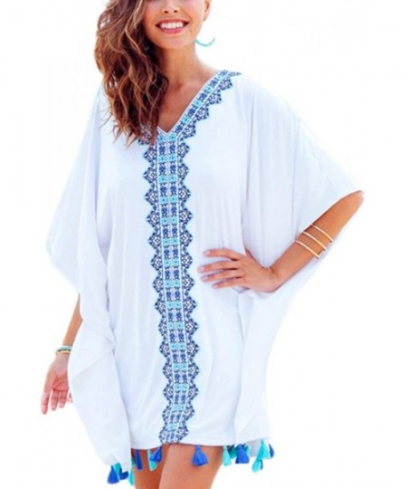 Cover-Ups Womens Embroidered Cotton Tassel Swimsuit Bikini Cover Ups Beach Bathing Suit for Swimwear Stylish Kaftan Summer Wh...