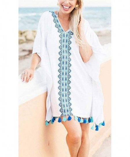 Cover-Ups Womens Embroidered Cotton Tassel Swimsuit Bikini Cover Ups Beach Bathing Suit for Swimwear Stylish Kaftan Summer Wh...