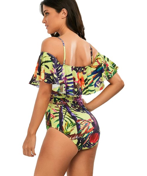 Racing One Pieces Solid Floral Lace Up Pin Up Sexy Women Front Strappy Cross Swimwear - Yellow Floral - CC18HI6UHM0