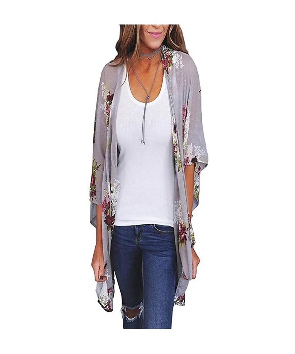 Cover-Ups Casual Chiffon Cardigan Long Sleeve Lace Kimono for Women Solid Blouse Tops - Gray 02 - CG1967YILQG