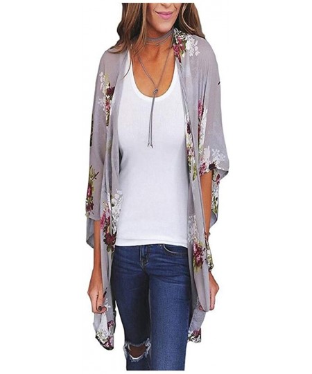 Cover-Ups Casual Chiffon Cardigan Long Sleeve Lace Kimono for Women Solid Blouse Tops - Gray 02 - CG1967YILQG