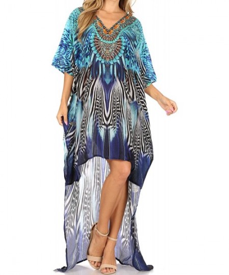 Cover-Ups Laisson Flowy Hi Low Caftan Rhinestone Boxy V Neck Dress Top Cover/Up - Zb55-blue - CF1886ZS5I7