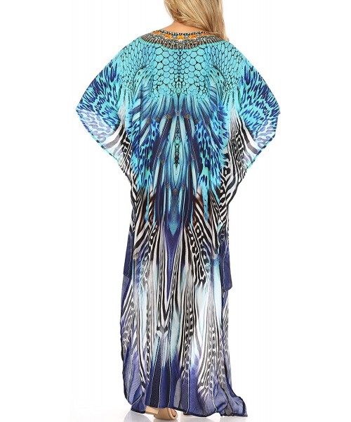 Cover-Ups Laisson Flowy Hi Low Caftan Rhinestone Boxy V Neck Dress Top Cover/Up - Zb55-blue - CF1886ZS5I7