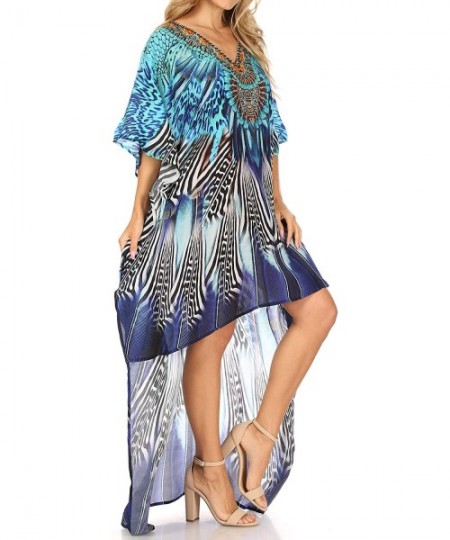 Cover-Ups Laisson Flowy Hi Low Caftan Rhinestone Boxy V Neck Dress Top Cover/Up - Zb55-blue - CF1886ZS5I7