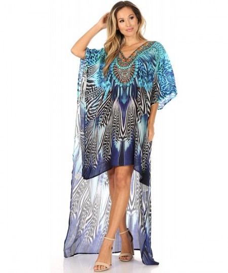 Cover-Ups Laisson Flowy Hi Low Caftan Rhinestone Boxy V Neck Dress Top Cover/Up - Zb55-blue - CF1886ZS5I7