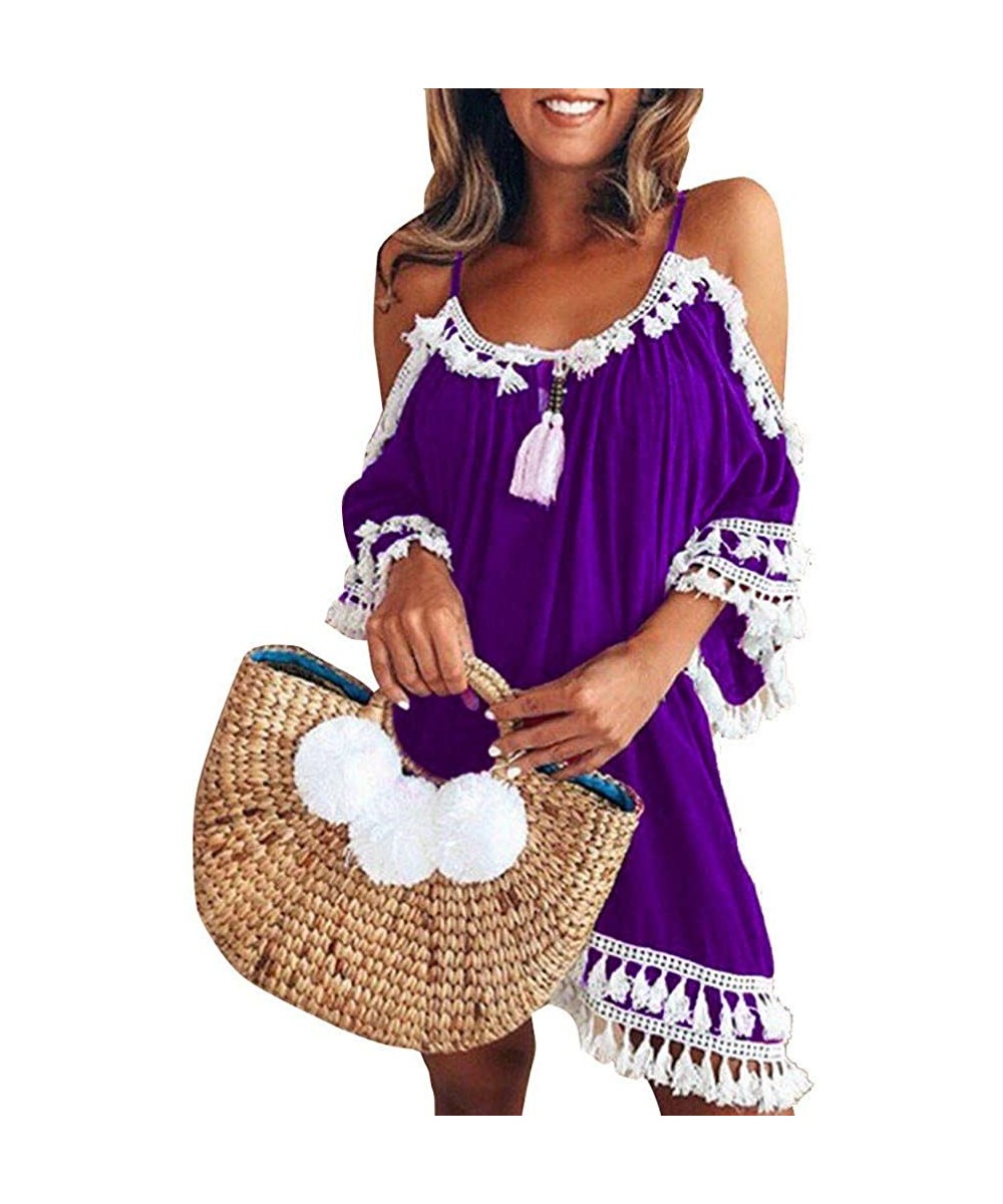 Cover-Ups Women's Off Shoulder Short Sleeve Tassels Cover up Mini Dress Casual Summer Beach Sundress Loose Swing Tunic Dress ...