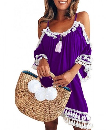 Cover-Ups Women's Off Shoulder Short Sleeve Tassels Cover up Mini Dress Casual Summer Beach Sundress Loose Swing Tunic Dress ...