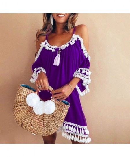 Cover-Ups Women's Off Shoulder Short Sleeve Tassels Cover up Mini Dress Casual Summer Beach Sundress Loose Swing Tunic Dress ...