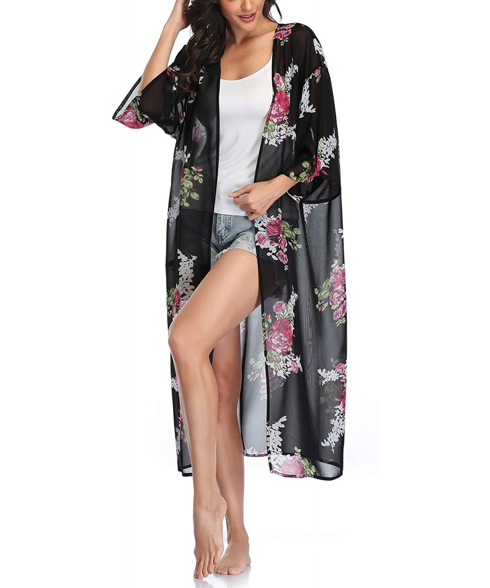 Cover-Ups Womens Long Chiffon Floral Kimono Cardigans Loose Blouse Summer Cover Ups - Black Flower - C31908LKORW