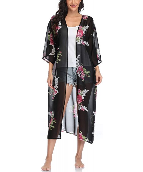 Cover-Ups Womens Long Chiffon Floral Kimono Cardigans Loose Blouse Summer Cover Ups - Black Flower - C31908LKORW