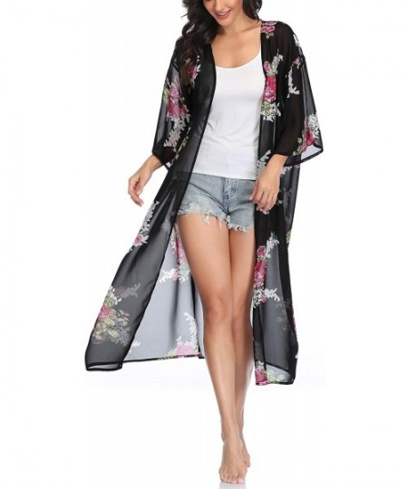 Cover-Ups Womens Long Chiffon Floral Kimono Cardigans Loose Blouse Summer Cover Ups - Black Flower - C31908LKORW