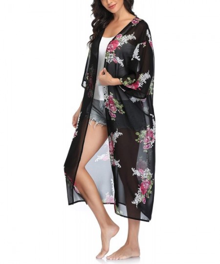 Cover-Ups Womens Long Chiffon Floral Kimono Cardigans Loose Blouse Summer Cover Ups - Black Flower - C31908LKORW