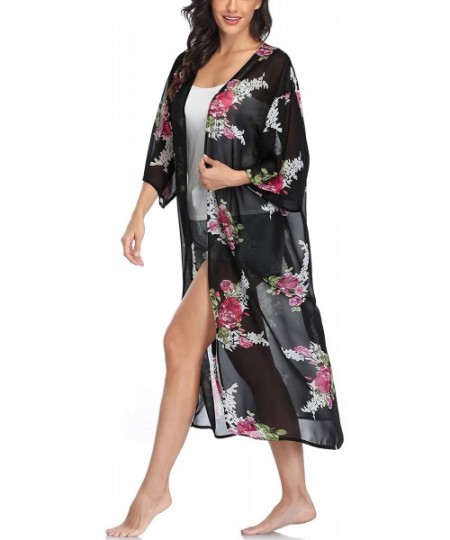 Cover-Ups Womens Long Chiffon Floral Kimono Cardigans Loose Blouse Summer Cover Ups - Black Flower - C31908LKORW