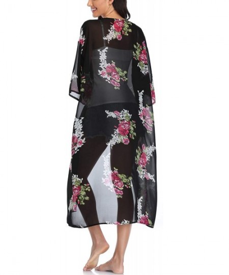 Cover-Ups Womens Long Chiffon Floral Kimono Cardigans Loose Blouse Summer Cover Ups - Black Flower - C31908LKORW