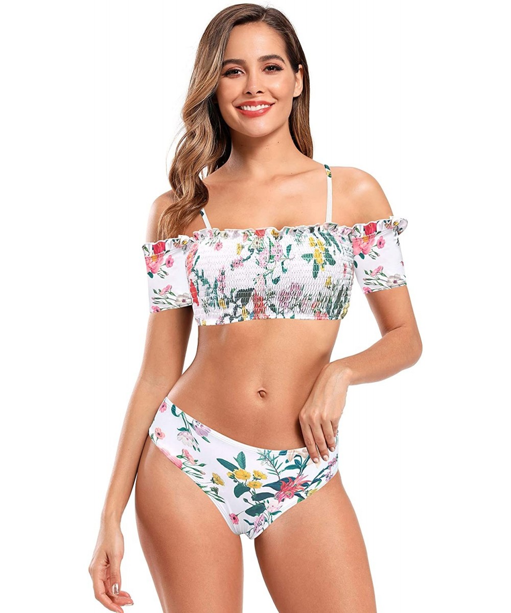 Sets Women's Shirred Off-Shoulder Bikini Set Floral Print Two Piece Swimsuits - White - CQ192O0H0ZA