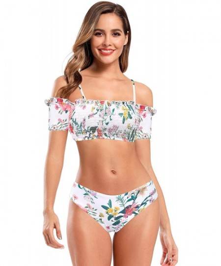 Sets Women's Shirred Off-Shoulder Bikini Set Floral Print Two Piece Swimsuits - White - CQ192O0H0ZA