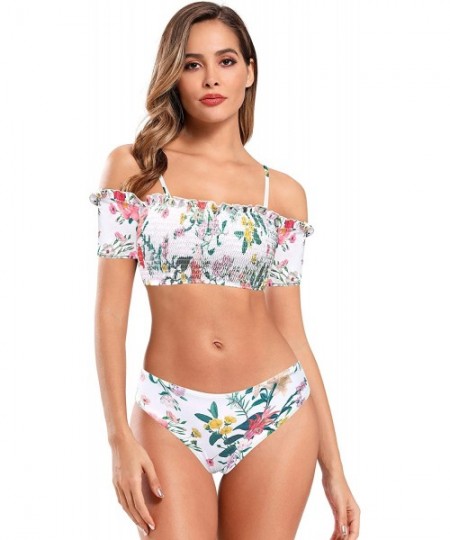 Sets Women's Shirred Off-Shoulder Bikini Set Floral Print Two Piece Swimsuits - White - CQ192O0H0ZA