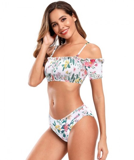 Sets Women's Shirred Off-Shoulder Bikini Set Floral Print Two Piece Swimsuits - White - CQ192O0H0ZA