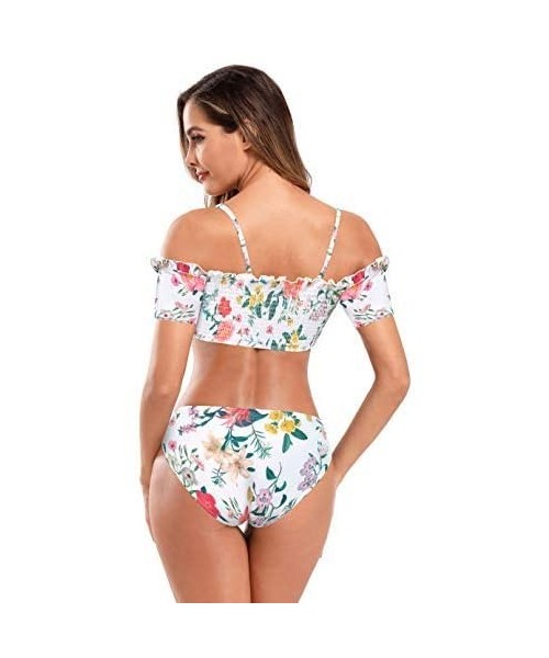 Sets Women's Shirred Off-Shoulder Bikini Set Floral Print Two Piece Swimsuits - White - CQ192O0H0ZA