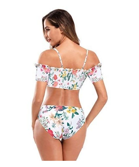 Sets Women's Shirred Off-Shoulder Bikini Set Floral Print Two Piece Swimsuits - White - CQ192O0H0ZA