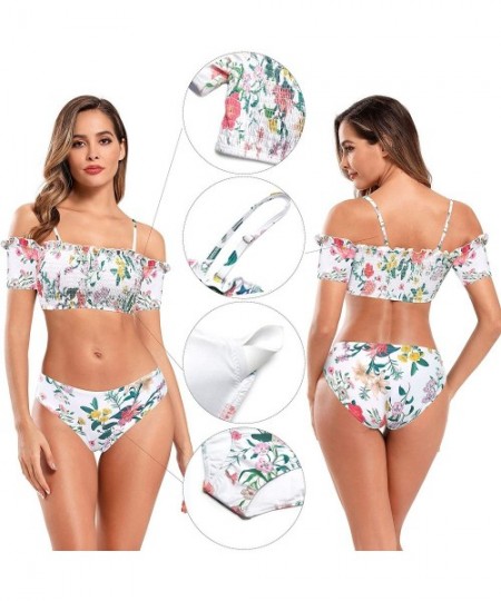 Sets Women's Shirred Off-Shoulder Bikini Set Floral Print Two Piece Swimsuits - White - CQ192O0H0ZA