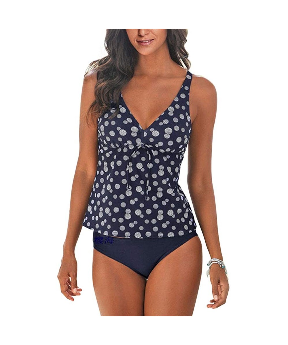 Tankinis Women's Pad Dolka Pot Printed Tankini Simsuits Tummy Control Blue XL - CZ18NAS3DH2