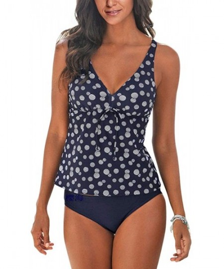 Tankinis Women's Pad Dolka Pot Printed Tankini Simsuits Tummy Control Blue XL - CZ18NAS3DH2