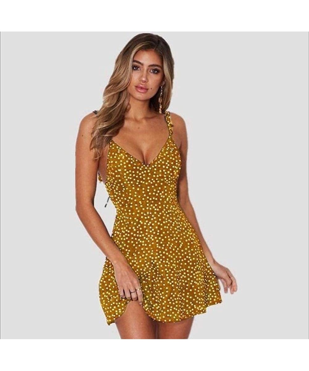 Cover-Ups Women Beach Dress Summer Sexy Cami V Neck Polka Dots Boho Bikini Cover Up A Line Mini Dress Wrap Sundress Robe Yell...