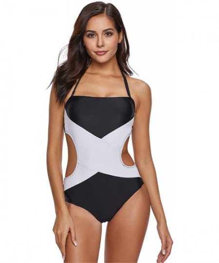 One-Pieces One Piece Halterneck Contrast Color Colorblock Side Cut Out Backless Padded Swimsuit Monokini - Black White - CD18...