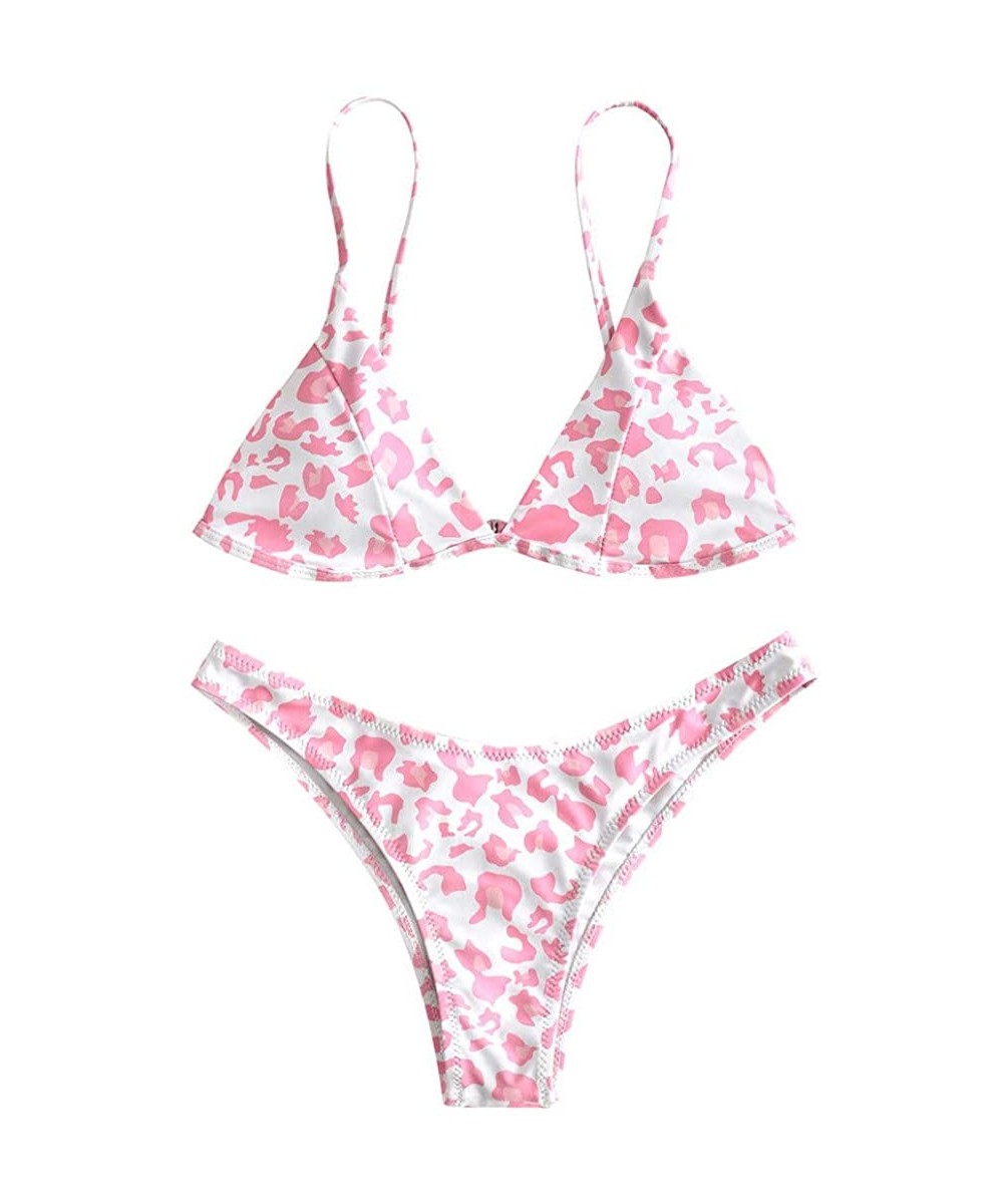 Sets Women's Sexy Pink Leopard Print Two-Piece Triangle Cheeky Bottom Bikini Set - Pink - CT18N7YT4M7