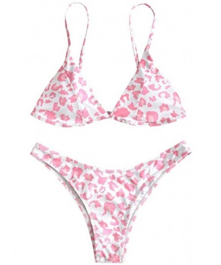 Sets Women's Sexy Pink Leopard Print Two-Piece Triangle Cheeky Bottom Bikini Set - Pink - CT18N7YT4M7