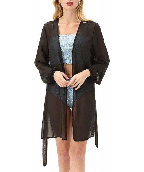 Cover-Ups Women's Chiffon Loose Kimono Cardigan Swimsuit Cover UPS Plus Size - Black-belt - CX1920LQQQD