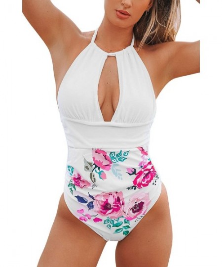 One-Pieces Women's Textured Halter One Piece Swimsuit Padded Cups Beach Swimwear - White - CP196R27O34