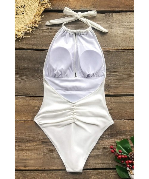 One-Pieces Women's Textured Halter One Piece Swimsuit Padded Cups Beach Swimwear - White - CP196R27O34