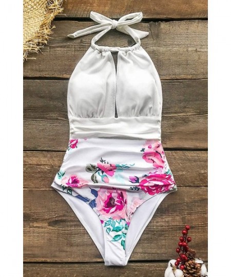 One-Pieces Women's Textured Halter One Piece Swimsuit Padded Cups Beach Swimwear - White - CP196R27O34