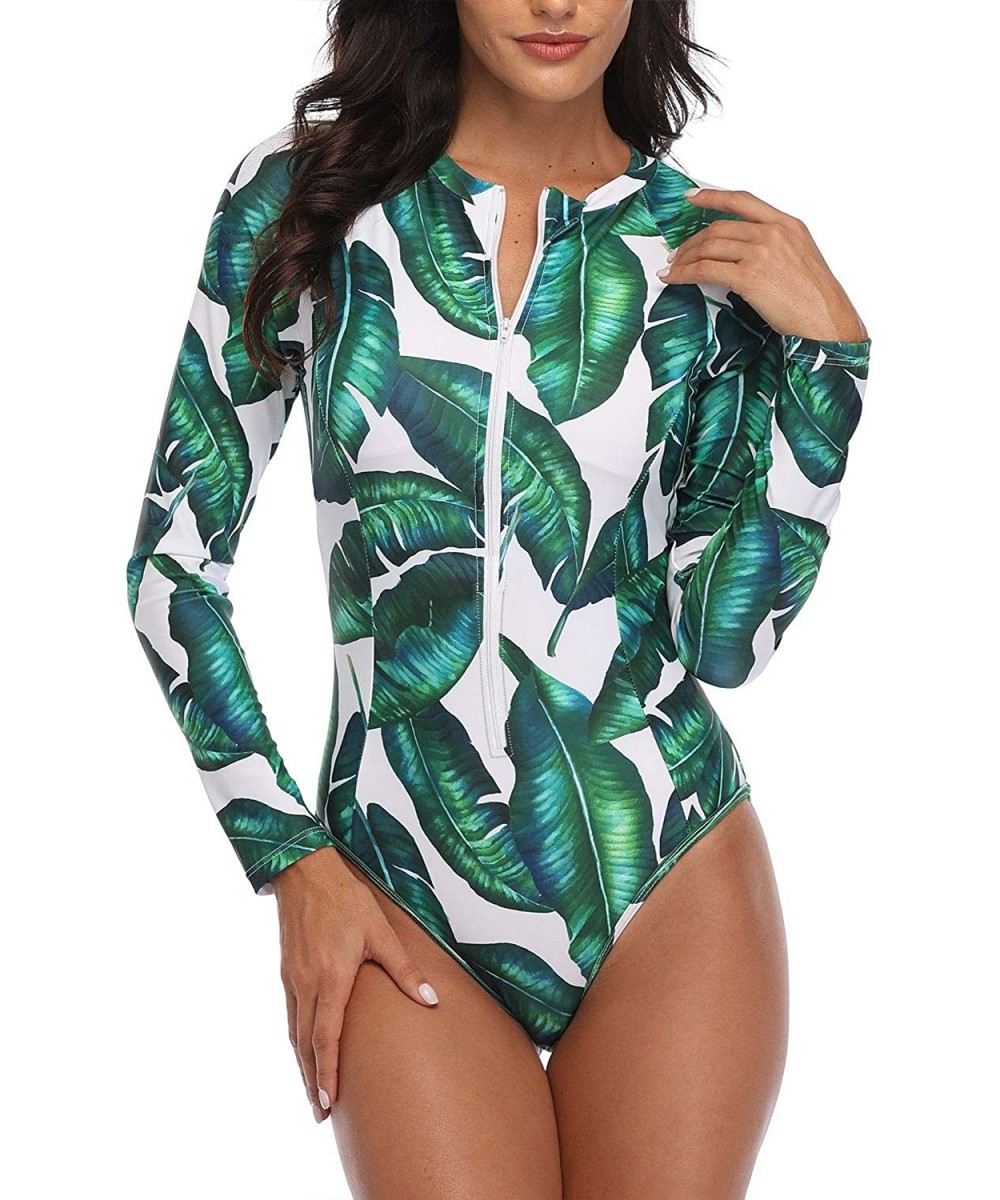 Rash Guards Women Rash Guard Long Sleeve One Piece with Zipper Surfing Bathing Suit Swimsuit UPF 50 - Green Floral 2 - C118XW...