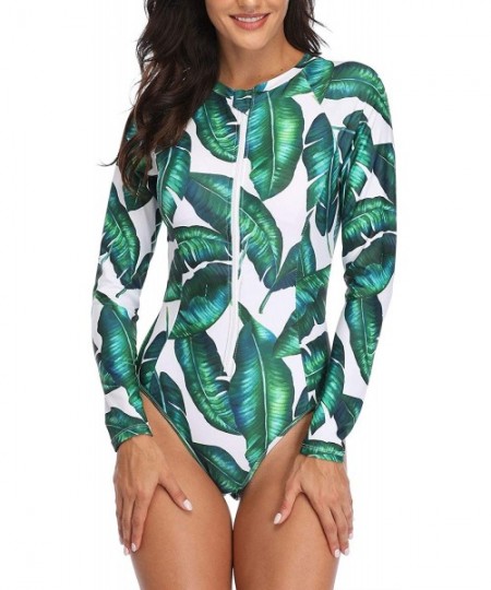 Rash Guards Women Rash Guard Long Sleeve One Piece with Zipper Surfing Bathing Suit Swimsuit UPF 50 - Green Floral 2 - C118XW...