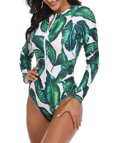 Rash Guards Women Rash Guard Long Sleeve One Piece with Zipper Surfing Bathing Suit Swimsuit UPF 50 - Green Floral 2 - C118XW...